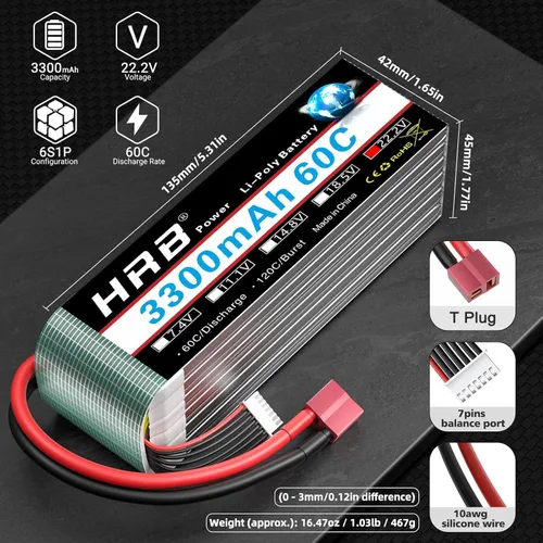 Miniatura 2 de HRB 1 paquete 6S Lipo Batería 3300mAh 22.2V 60C RC Lipo Batería Compatible con RC Car Avión Helicóptero Quadcopter Camión Barco