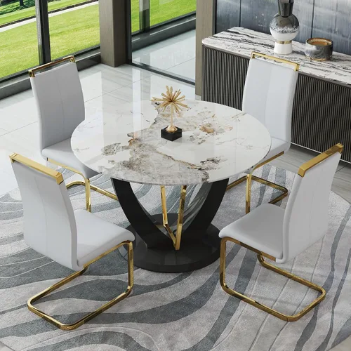 Miniatura 47 de JUFU Juego de mesa de comedor redonda para 4, mesa de comedor de 48 pulgadas con mesa de mármol sintético y 4 sillas tapizadas, moderno juego