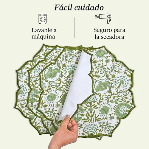 Miniatura 8 de CPC Cotton - Juego de 4 manteles individuales de algodón - Impresos a mano en bloque doble capa, lavables a máquina, manteles de mesa bordados