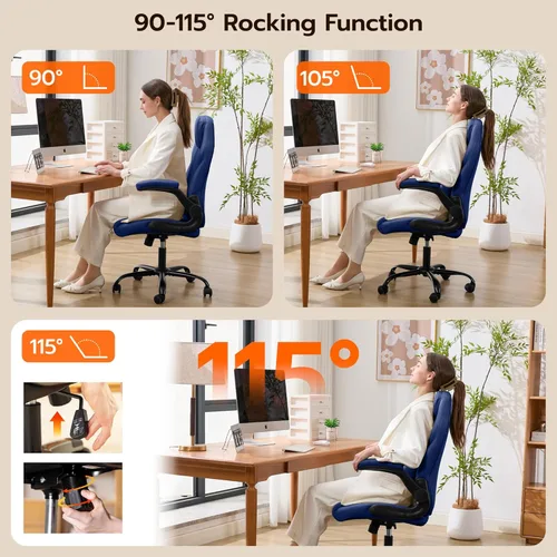 Miniatura 4 de Silla de Escritorio de Oficina, Silla Ergonómica para Computadora con Brazos Abatibles Acolchados y Soporte Lumbar Ajustable, Silla Ejecutiva de Azul