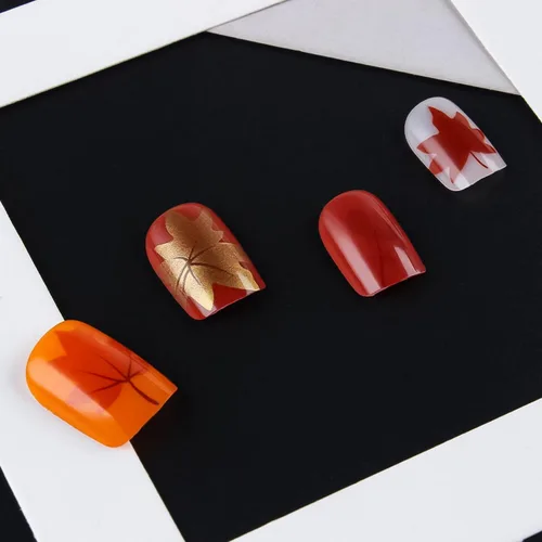 Miniatura 5 de Uñas postizas a presión de otoño, uñas postizas cortas cuadradas de MABKJLF con diseños de hojas de arce, pegamento brillante en uñas, uñas