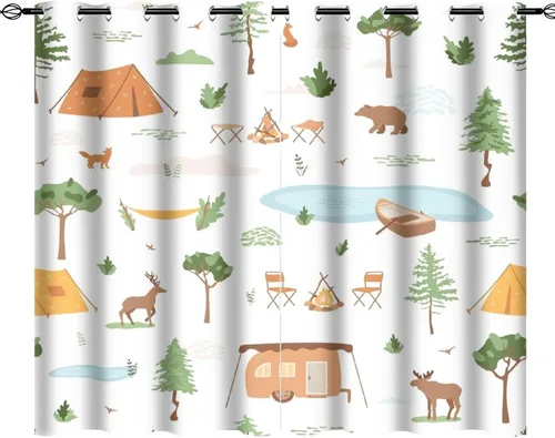 Miniatura 33 de Cortinas abstractas con estampado de cámper de caricaturas, divertido tema de aventura, campamento, montañas, vida silvestre, oso, tratamiento