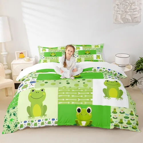 Miniatura 4 de Juego de ropa de cama de rana verde, funda de edredón de anfibios tropicales para niños, niñas, adolescentes, funda de edredón geométrica