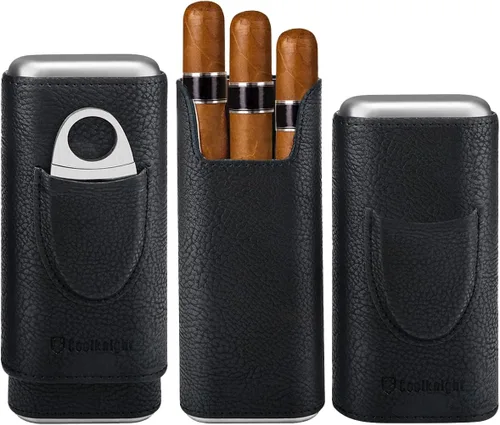 Miniatura 8 de COOL KNIGHT - Estuche de cuero para puros con forro de madera de cedro, humidor portátil para viajes, accesorios para puros que incluyen cortador
