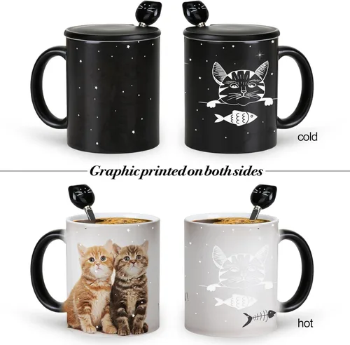 Miniatura 5 de Tazas únicas para gatos, tazas de café que cambian de color de 11 onzas – The Fish is Delicious – Taza de Halloween con tapa negra y cuchara
