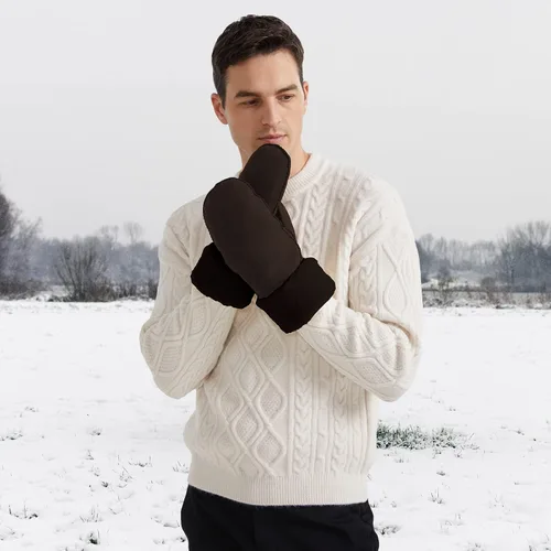 Miniatura 7 de Surblue Manoplas de gamuza de oveja de invierno para hombre, piel de oveja de alta calidad, cálido puño grueso forrado de lana de cordero