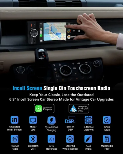 Miniatura 2 de 【SOOEMAKA】 Radio de pantalla táctil DIN individual con Apple Carplay inalámbrico y Android Auto, radio de pantalla táctil Incell de 6.36" con carga