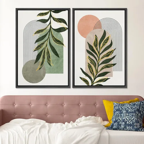 Miniatura 2 de SIGNFORD Lienzo enmarcado para pared, juego de arte con hojas de palmera de selva, polígonos geométricos, formas abstractas, ilustración, arte