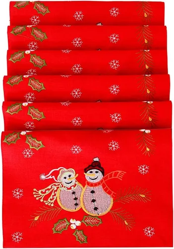Miniatura 4 de Juego de 6 manteles individuales bordados rojos para Navidad e invierno, rectangulares de 12 x 18 pulgadas (muñeco de nieve)