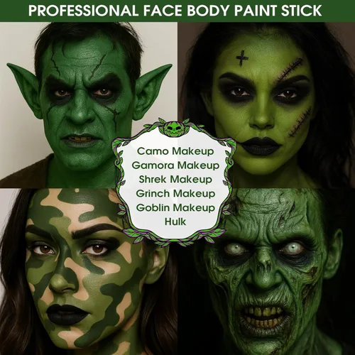 Miniatura 5 de BADCOLOR Barra de pintura verde para rostro y cuerpo, para el día de San Patricio, color negro y verde oscuro, kit de pintura facial para camuflaje
