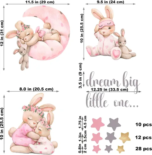 Miniatura 4 de Adhesivos de pared rosa con conejos para guardería - Decoración de pared de conejo para habitación de bebé niña, adhesivos de animales para sala