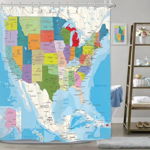 Cortina de ducha con mapa americano, 72 x 72 pulgadas, geografía educativa, ciudades de Estados Unidos, tecnología de tierra blanca, colorida para