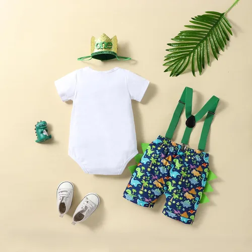 Miniatura 3 de Conjunto divertido de ropa de primer cumpleaños para bebé niño, con corbatín y estampado de dinosaurio, conjunto de pantalones con tirantes