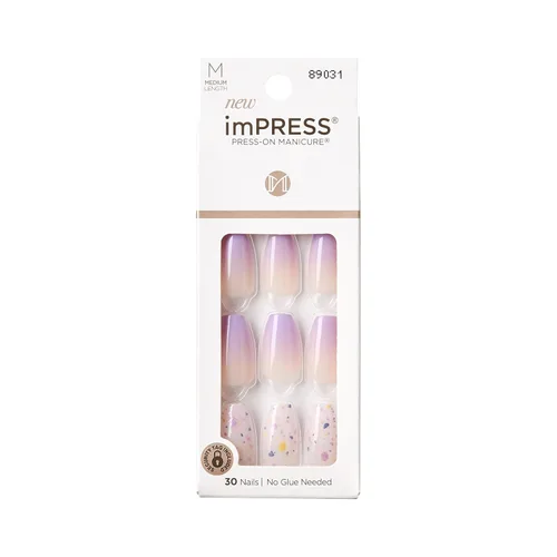 Uñas postizas sin pegamento KISS imPRESS, diseño "All I Want" Púrpura y Blanco