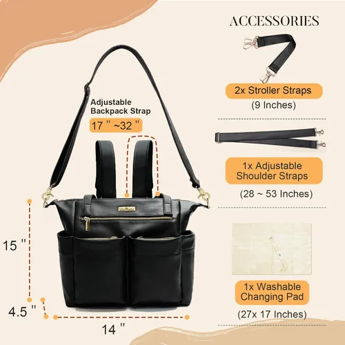 Miniatura 3 de Miss Fong Bolso de cuero para pañales con almohadilla para cambiar, correas, talla única , Negro