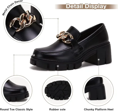 Miniatura 2 de TINSTREE - Mocasines de plataforma para mujer, con detalle de cadena, cómodos, tacón grueso, punta redonda, zapatos para trabajo y negocios