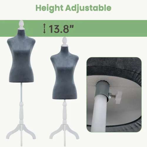 Miniatura 5 de Maniquí femenino con forma de torso, cuerpo de maniquí para vestido, altura ajustable de 49.6 a 63.4 pulgadas, soporte de trípode de madera, espuma