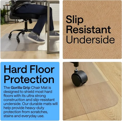 Miniatura 3 de GORILLA GRIP Tapete transparente antideslizante para silla de oficina para suelos de madera dura, 36 x 48 pulgadas, deslizamiento suave debajo