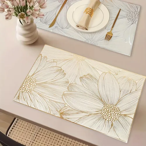 Miniatura 4 de Juego de 6 manteles individuales cuadrados dorados para mesa de comedor, de vinilo prensado, manteles individuales metálicos lavables y lavables