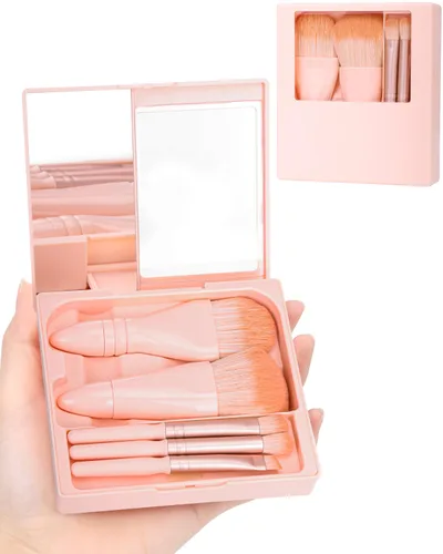 Miniatura 7 de PGRODE Mini juego de brochas de maquillaje de tamaño de viaje con estuche rígido y espejo integrado, 5 brochas pequeñas para cosméticos, kits