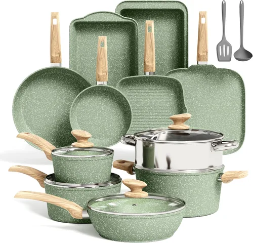 Kitchen Academy Juego de utensilios de cocina de inducción de 17 piezas con plancha, ollas y sartenes de granito verde antiadherentes, juego de