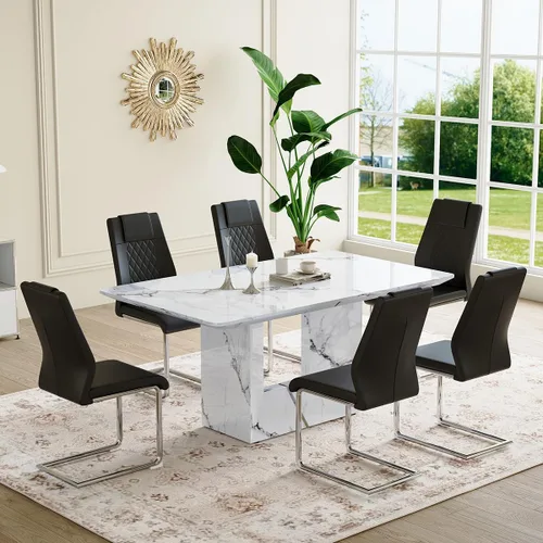 Miniatura 13 de Mesa de comedor negra de 63 pulgadas Mesa de comedor moderna Mesa rectangular de madera con patas en forma de U de alta resistencia Estable