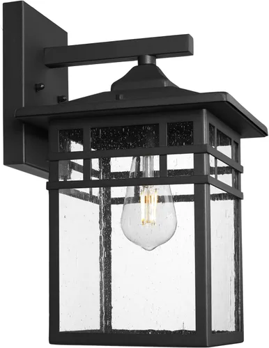 Lámpara de pared para exteriores, apliques de pared negros con vidrio sembrado para porche delantero, farol de pared cuadrado grande de 9 pulgadas