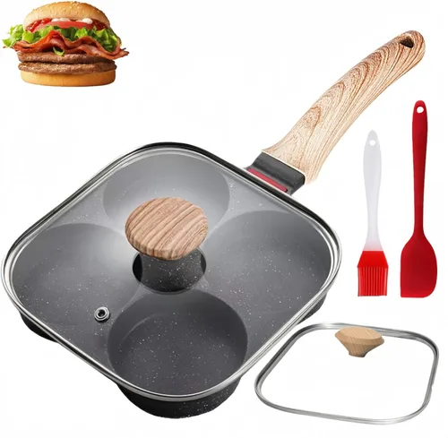 HUPECHAM Sartén para Huevos con Tapa de 4 Tazas Antiadherente, y Sartén para Huevos de Granito Saludable, Sartén Versátil para Desayuno para Huevos,