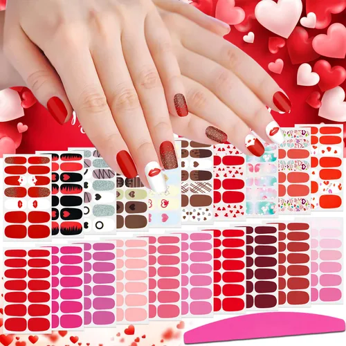 20 hojas de calcomanías de esmalte de uñas de color sólido rojo, calcomanías de esmalte de uñas para el día de San Valentín para mujeres, tiras de