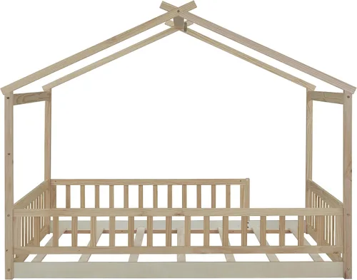 Miniatura 5 de RUNNA Marco de cama de madera de tamaño matrimonial con valla, para niños, adolescentes, niñas, niños, (Natural-Thinck 4col)