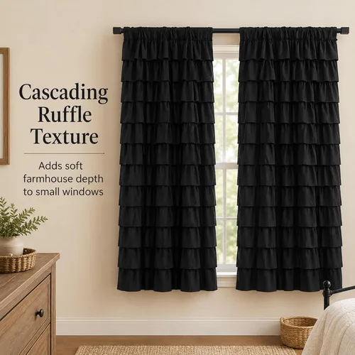 Miniatura 9 de Black Ruffle Curtains 2 Panels, 12-Layer Ruffled Window Panels, Light Filtering Shabby Chic Farmhouse Drapes for Bedroom Dorm Bathroom, Rod Pocket