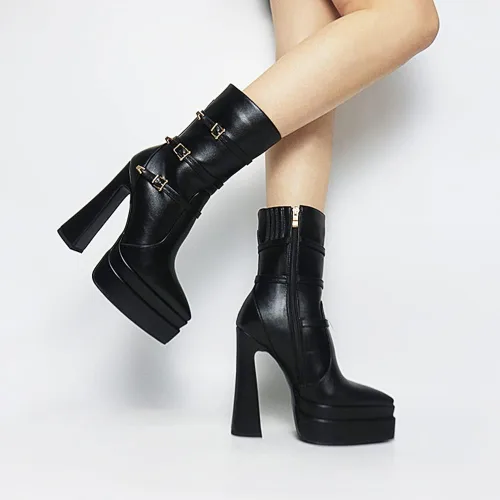 Miniatura 6 de Artrotter Botas de plataforma puntiaguda para mujer, botas de combate de tacón alto con cremallera de tamaño, botines de plataforma doble apilada