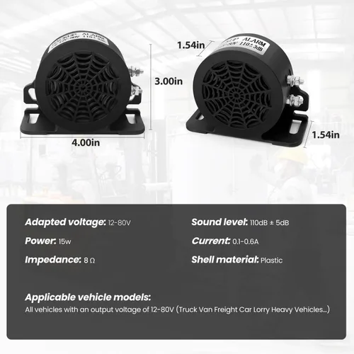 Miniatura 2 de MIRKOO Alarma de respaldo de 110 dB 12 V-80 V CC, impermeable, industrial, resistente, alarma de advertencia inversa con tono de pitido súper fuerte