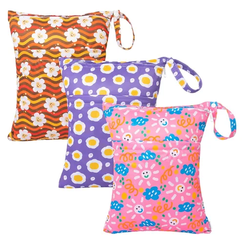 Miniatura 39 de babygoal Bolsas para artículos húmedos y secos, paquete de 3, bolsas de viaje reutilizables impermeables para trajes de baño, pañales de tela