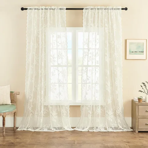 Miniatura 12 de SEEKRIGHT - 2 paneles de cortinas traslúcidas de encaje negro, cortinas góticas florales, cortinas victorianas con bolsillo para cortinero