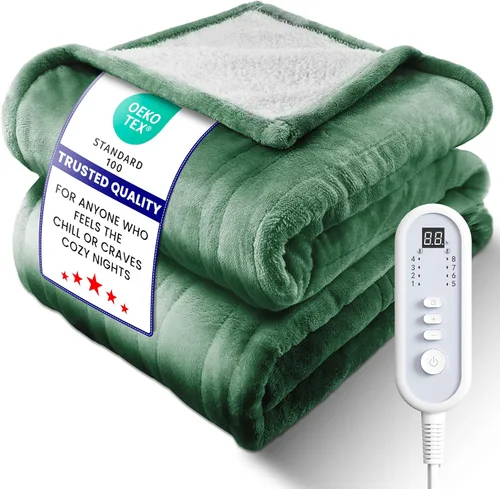 Miniatura 14 de Manta térmica eléctrica tamaño King, franela y sherpa de alta calidad ultra acogedora, distribución uniforme del calor y temperatura estable