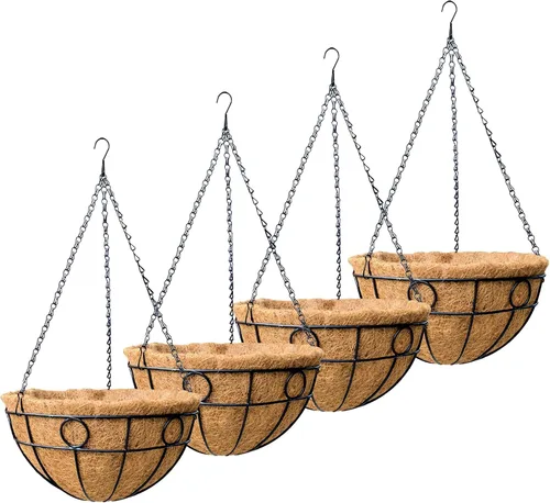 Paquete de 4 cestas colgantes de 14 pulgadas para plantas al aire libre, macetas redondas de metal con forro de fibra de coco para plantas de