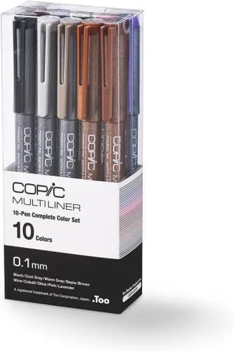 Set de Rotuladores Copic Multiliner, juego completo de 10 marcadores de color - 0.1mm, tinta de pigmento a base de agua (resistente al alcohol y se