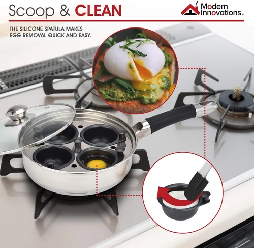 Miniatura 7 de Innovaciones modernas de acero inoxidable 4 Pan de cazador furtivo de huevo conjunto con hueveras, bandeja, recipiente, tapa y espátula