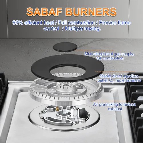 Miniatura 4 de AMZCHEF Placa de cocina de gas de 30 pulgadas con 5 quemadores SABAF fabricados en Italia. Máx. 48300 BTU/hr Estufa de gas incorporada de acero