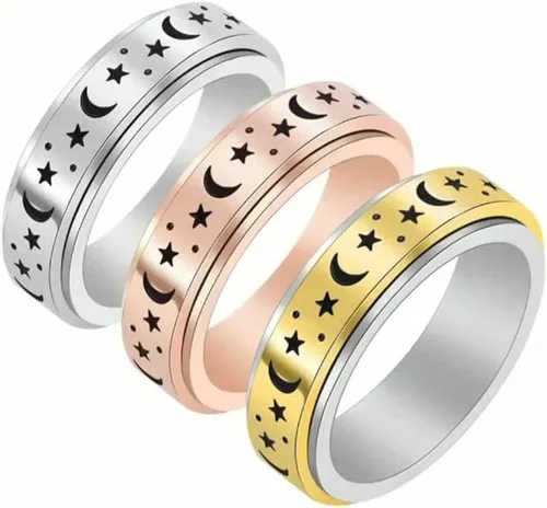 Miniatura 2 de Caiyao Anillo giratorio de acero inoxidable para mujeres y hombres, anillo giratorio con patrón de pentagrama y luna, antiestrés, alivio
