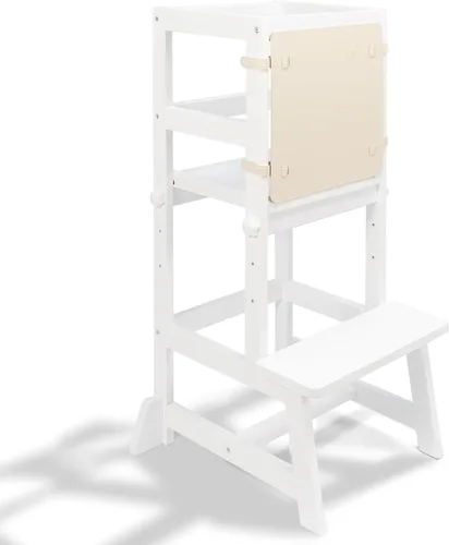 Miniatura 10 de Taburete de cocina WOOD CITY, taburete de cocina para niños pequeños con baranda de seguridad, altura ajustable, torre de aprendizaje para niños