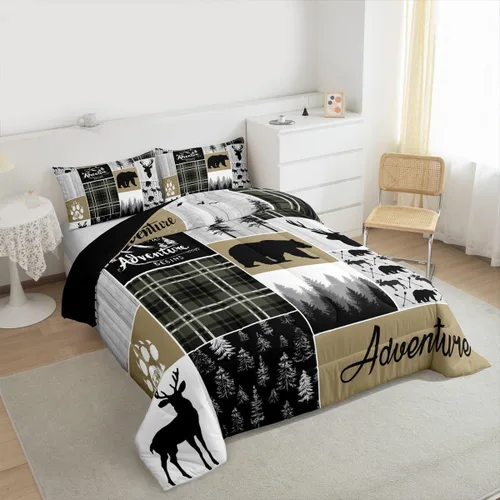 Miniatura 161 de Juego de edredón de oso y ciervo, tamaño individual, ropa de cama de animales salvajes de caza, colcha rústica de cabaña, casa de campo, cuadros