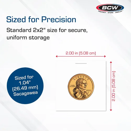 Miniatura 3 de BCW Monedas de 2 x 2 para monedas pequeñas en dólares – Paquete de 100 Ventana de poliéster archival Monedas de 2 x 2 para monedas Sacagawea