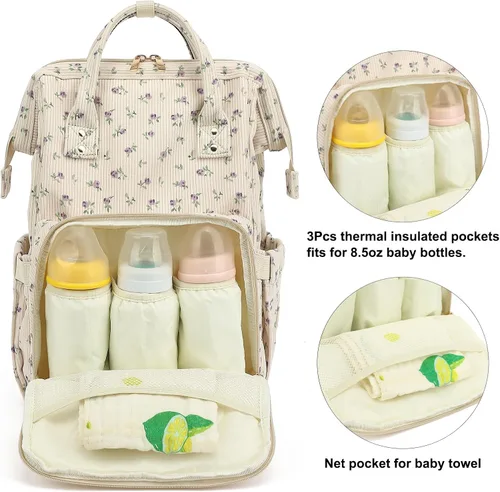 Miniatura 3 de Mochila de ante para pañales para bebés, niñas y niños, grandes bolsas de pañales para mamá (Corderoy beige floral púrpura)