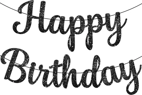 KatchOn Cartel de feliz cumpleaños cursivo negro con purpurina, pre-encordado, 10 pies, cartel de feliz cumpleaños para mujeres, hombres, niños y