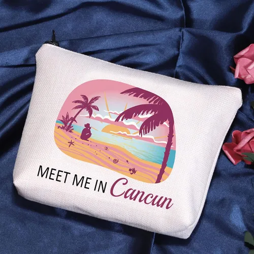 Miniatura 2 de POFULL Regalo de vacaciones en Cancún México Cancún Regalo de despedida de soltera Meet Me In Cancún Bolsa de cosméticos de viaje, Bolso Cancún