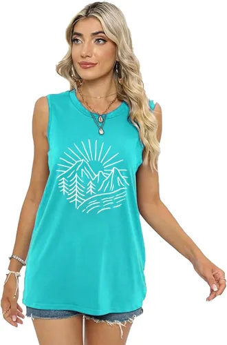 Miniatura 69 de Camisetas sin mangas de senderismo y montaña para mujer, divertidas camisetas de entrenamiento con gráficos de pino y amanecer, camisetas de verano