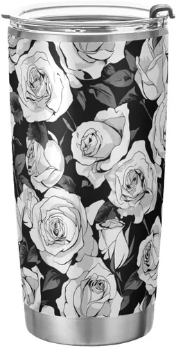 Taza de acero inoxidable simple rosa en blanco y negro con tapa de pajilla, taza de café de viaje aislada para bebidas calientes y frías, taza de