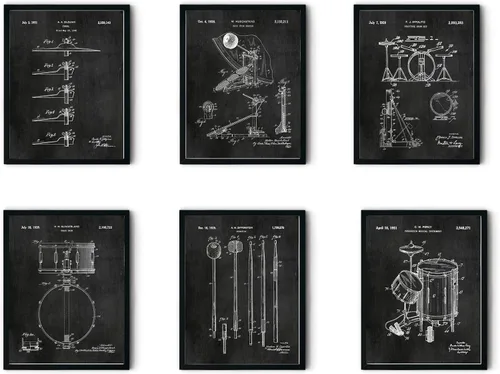 Regalos de baterista para hombres y mujeres, decoración de estudio de música, juego de 6 (8 x 10 pulgadas) impresiones artísticas enmarcadas de